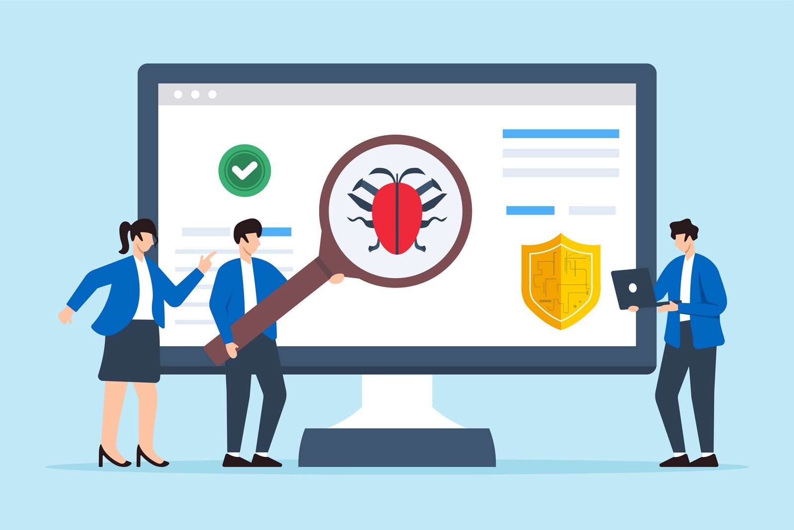 Illustration of three people analyzing a computer screen with a magnifying glass focusing on a bug icon, symbolizing a security or debugging process. The screen shows a green checkmark, a shield icon, and various data, representing cybersecurity and protection efforts