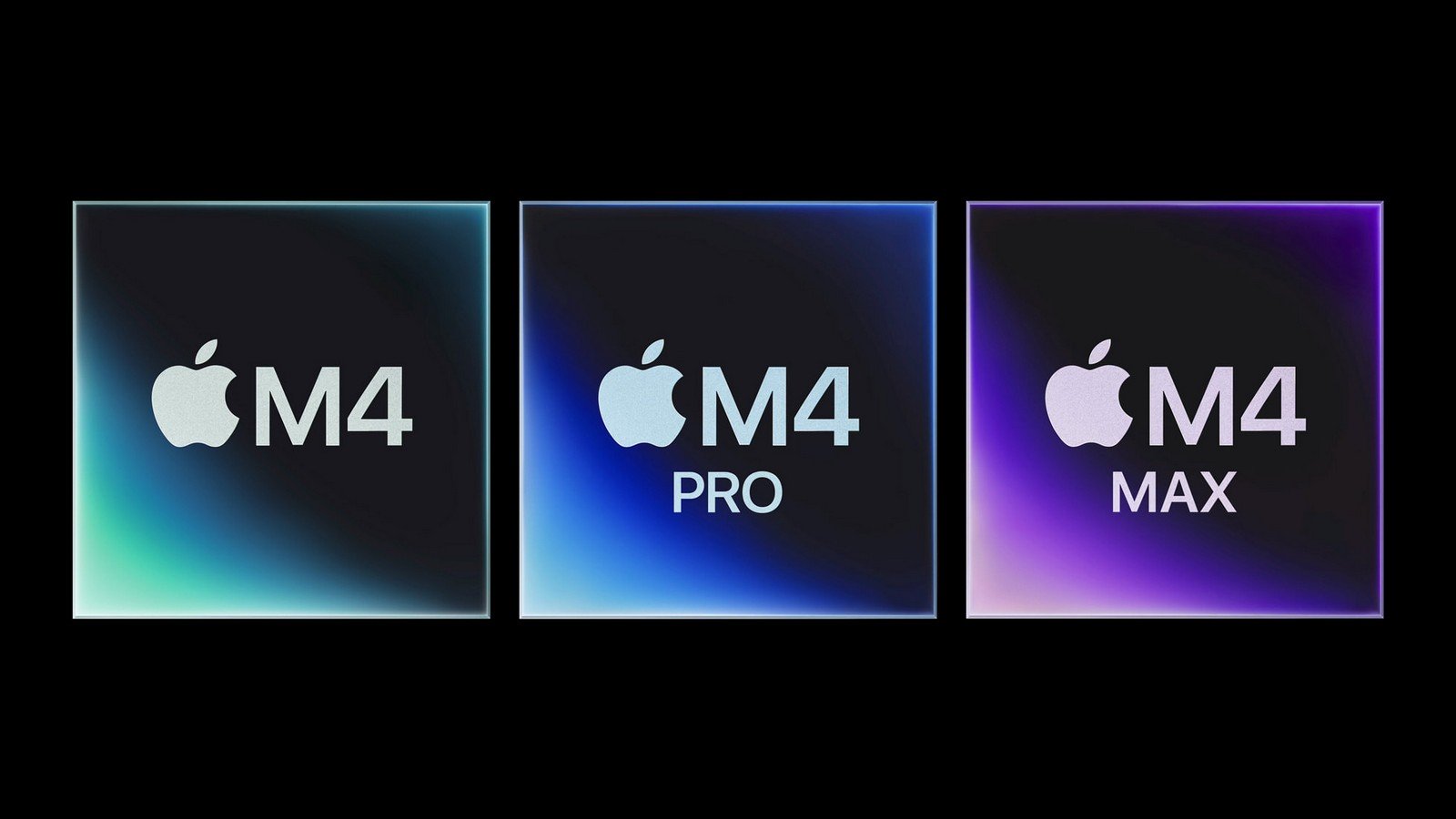 Three Apple M4 chip models displayed side by side against a gradient background. From left to right: Apple M4, Apple M4 Pro, and Apple M4 Max, each chip showing a different color gradient - green, blue, and purple respectively