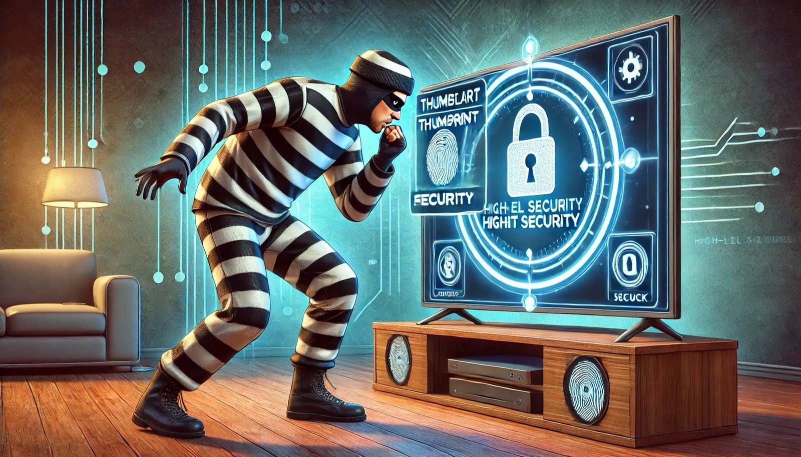 Illustration of a burglar in a classic black-and-white striped jail uniform attempting to use their thumbprint on a futuristic Smart TV. The screen displays a holographic security alert with a lock icon, indicating a failed access attempt. The burglar shows a frustrated expression, surrounded by a high-tech living room environment with digital security symbols