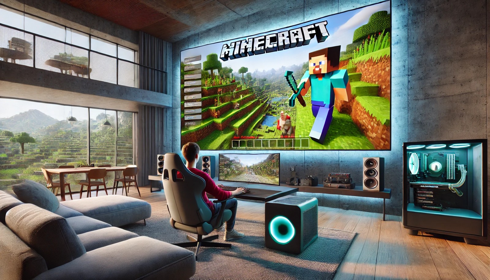 A person playing Minecraft on a giant screen, seated comfortably at a modern gaming setup with vibrant game visuals displayed on the monitor. The room features gaming peripherals and subtle lighting for an immersive experience.