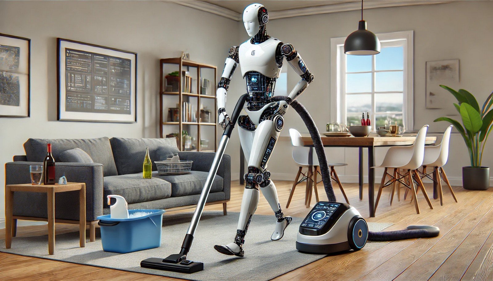 A humanoid robot multitasking in a modern home, performing various household chores such as vacuuming, washing dishes, and organizing a living room. The robot has visible mechanical joints and sensors, symbolizing advanced AI-driven multitasking capabilities and adaptability in real-world environments.