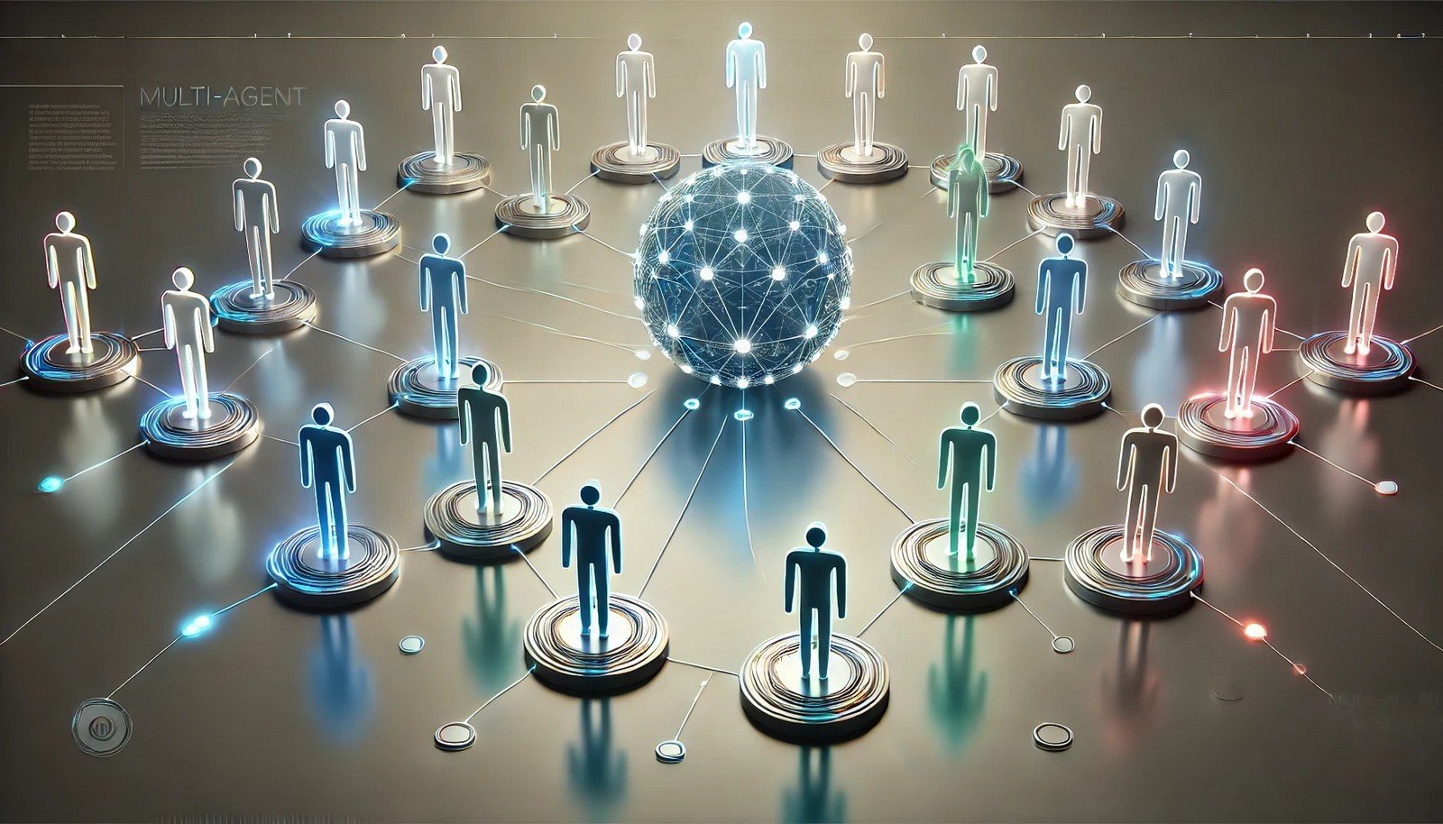 A simplified 3D futuristic conceptual image depicting a multi-agent AI system. The image features a glowing spherical hub at the center symbolizing the Orchestrator, with multiple glowing humanoid agents connected to the hub through luminous energy lines.