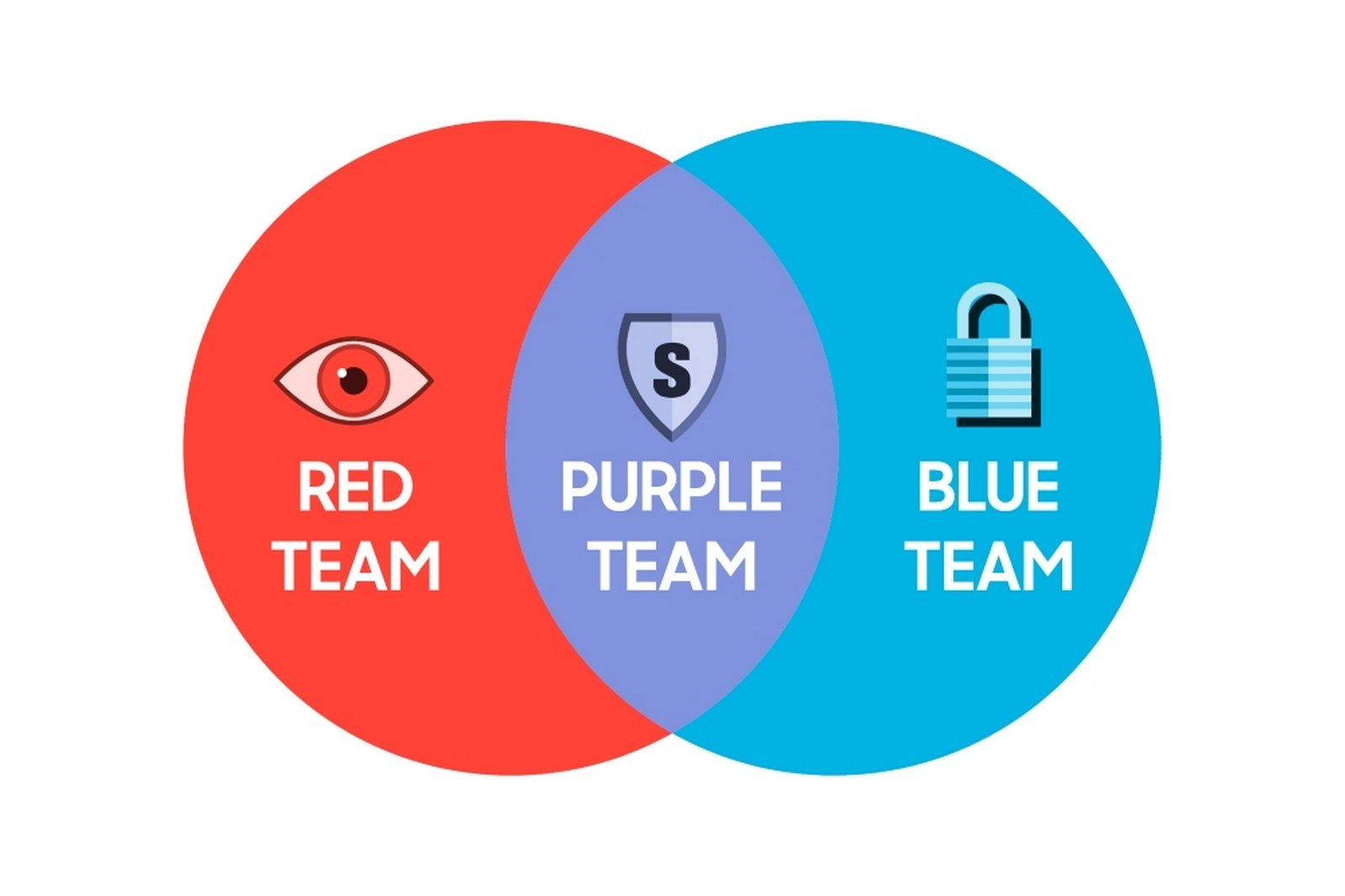 A Venn diagram showing the roles of the Red Team, Blue Team, and Purple Team in cybersecurity. The Red Team represents offensive security with an eye symbol, the Blue Team represents defensive security with a padlock icon, and the overlapping Purple Team represents the integration of both roles with a shield icon in the center.