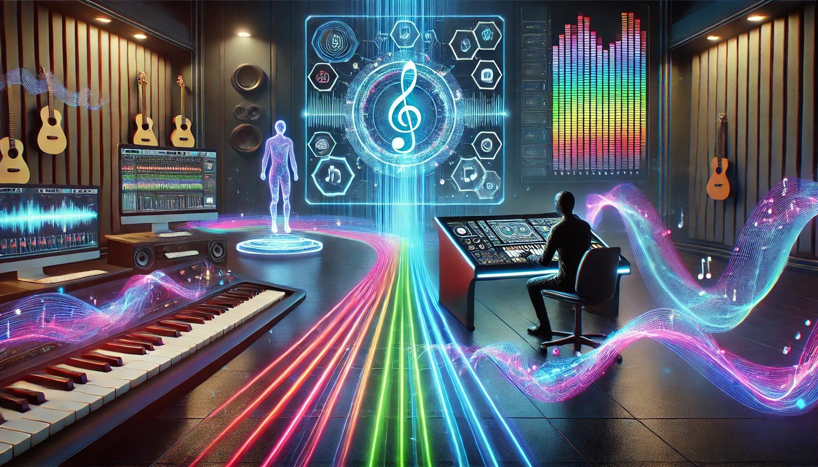 A futuristic digital studio environment featuring vibrant sound waves as colorful streams of light crossing the room. At the center, a glowing AI console interacts with a musician adjusting holographic controls and a game developer designing sound effects.