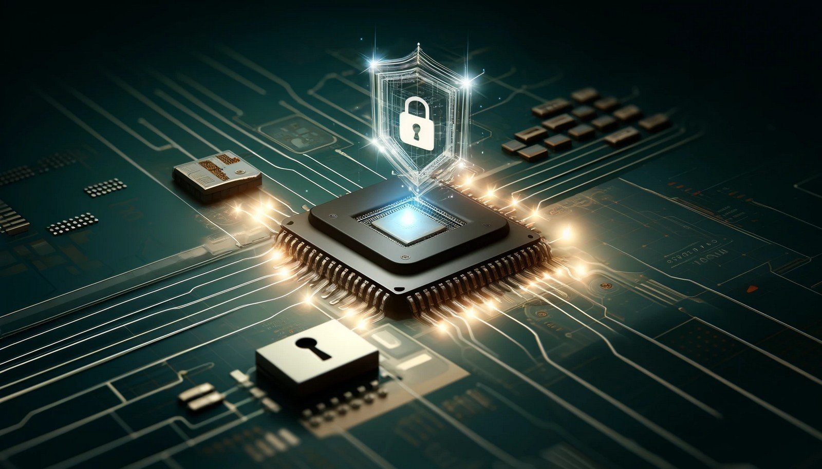 "An illustration of a secure microchip on a circuit board, featuring a glowing lock icon symbolizing cybersecurity, encryption, or data protection. The chip is surrounded by illuminated circuitry and a futuristic digital shield."