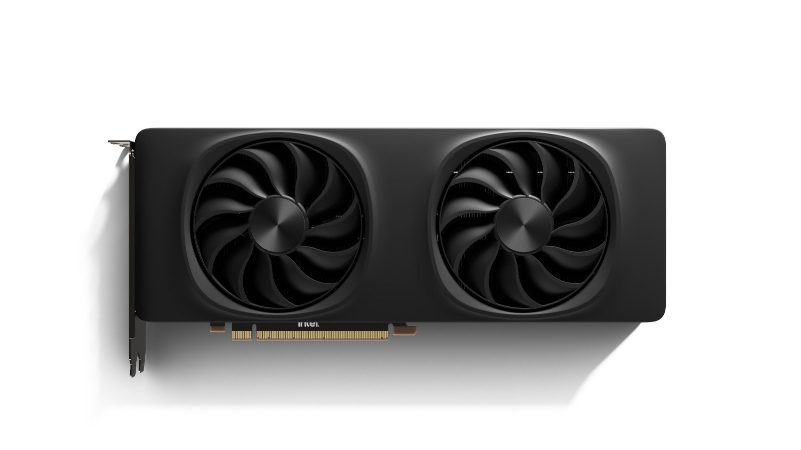  Intel Arc GPU design featuring dual axial cooling fans. The sleek black body emphasizes its modern, minimalist aesthetic, engineered for optimal thermal management. The large, prominently displayed fans ensure efficient heat dissipation, supporting high-performance gaming and computational workloads.