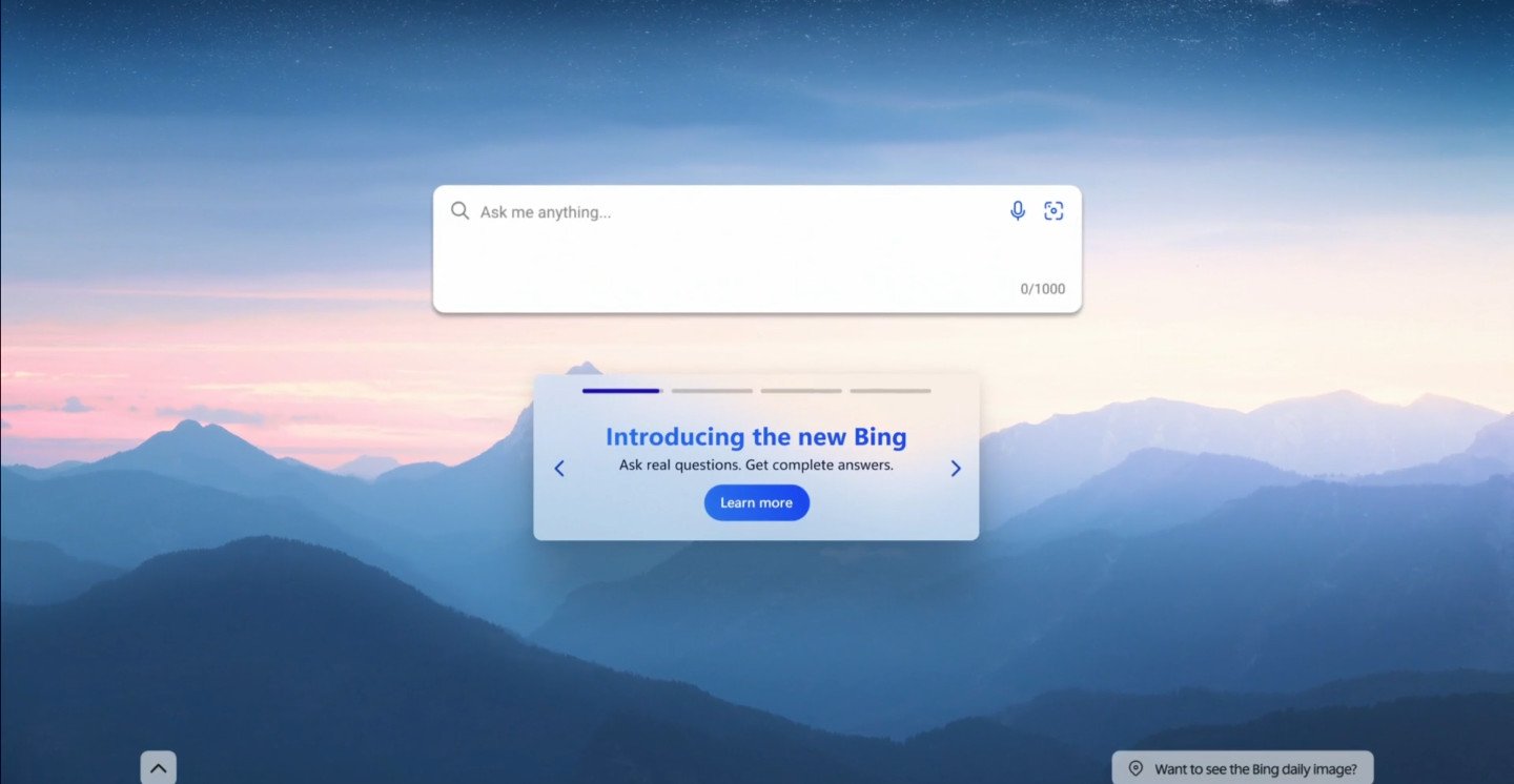 screenshot showing the new bing home screen