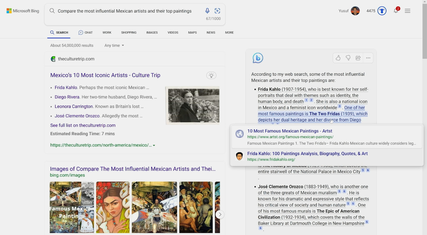 screenshot showing the new bing search results page alsong with AI results