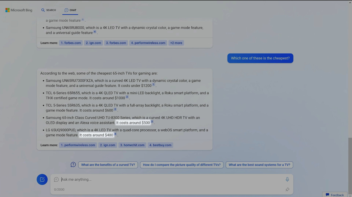 screenshot showing bing's new chat feature and conversation