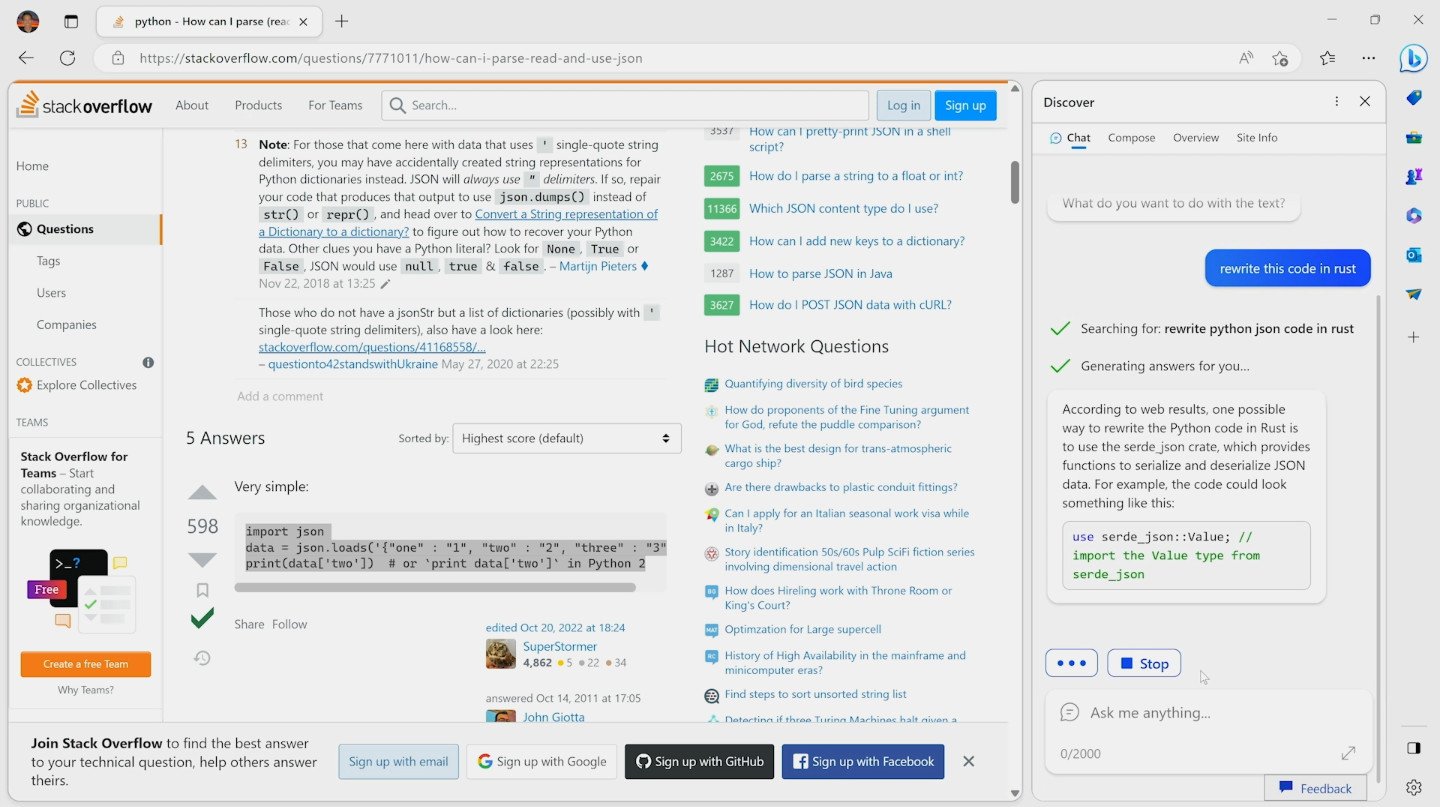 screenshot showing bing search engine converting python code to rust code