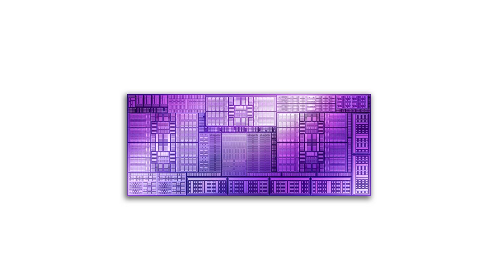 A detailed close-up view of the Intel Arc B-Series GPU die, featuring a vibrant purple and blue color gradient. The intricate microarchitecture layout showcases the individual Xe cores and other components that power the GPU's advanced capabilities. The design highlights the cutting-edge engineering and technology within the GPU.