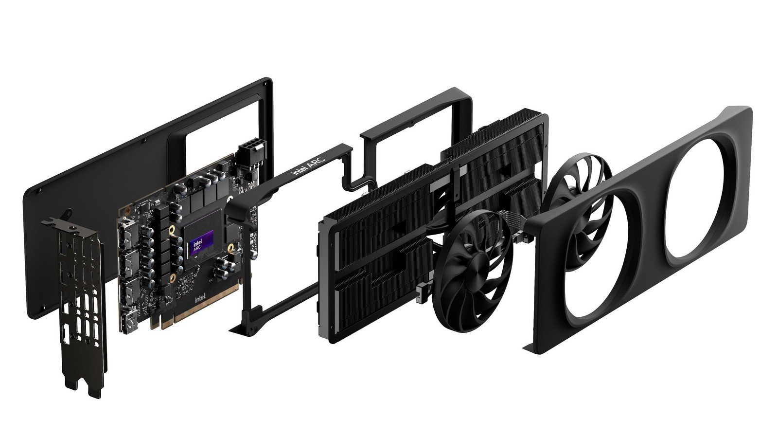 An exploded view of the Intel Arc B580 graphics card, showcasing its internal components. The image highlights the card's circuit board, cooling system with dual fans, heat sink, protective casing, and mounting bracket. Each layer of the graphics card is separated to provide a clear view of its design and assembly.