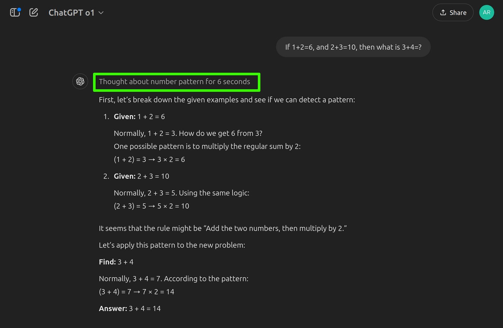 ALT: A screenshot of ChatGPT o1 reasoning through a mathematical pattern problem. The user asks, 'If 1+2=6, and 2+3=10, then what is 3+4?' The AI takes 6 seconds to 'think about number pattern' and explains the logic in detail, identifying a pattern to solve the question, ultimately giving the answer as 14