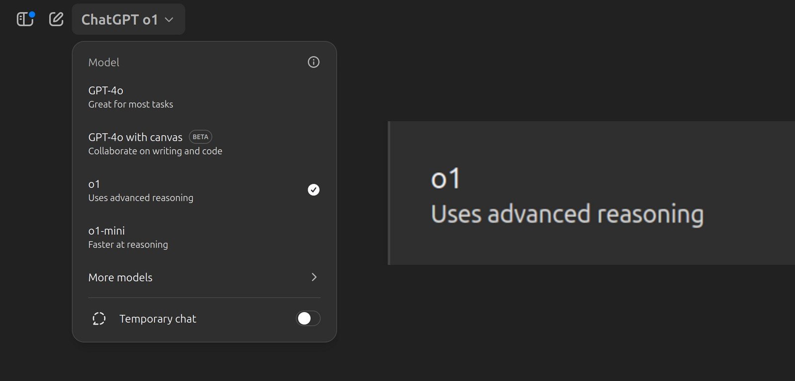 A screenshot of the ChatGPT model selection menu showing different AI options, including GPT-4o, GPT-4o with Canvas (Beta), o1 labeled as 'Uses advanced reasoning,' and o1-mini labeled as 'Faster at reasoning.' The interface is sleek with a dark theme.