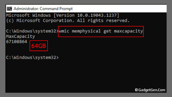 find maximum supported ram memory using a command in windows