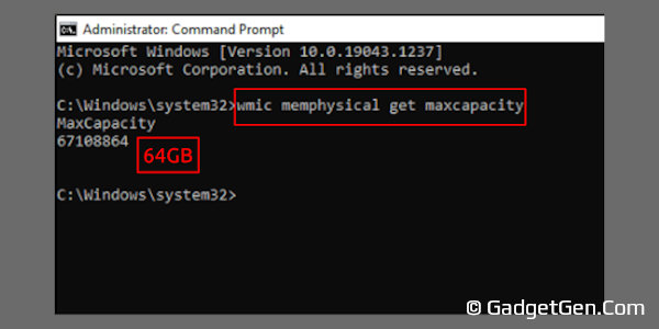 command to get the maximum supported ram by the motherboard using windows command prompt