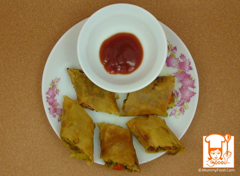 Crispy Veg Spring Rolls served with tomato sauce
