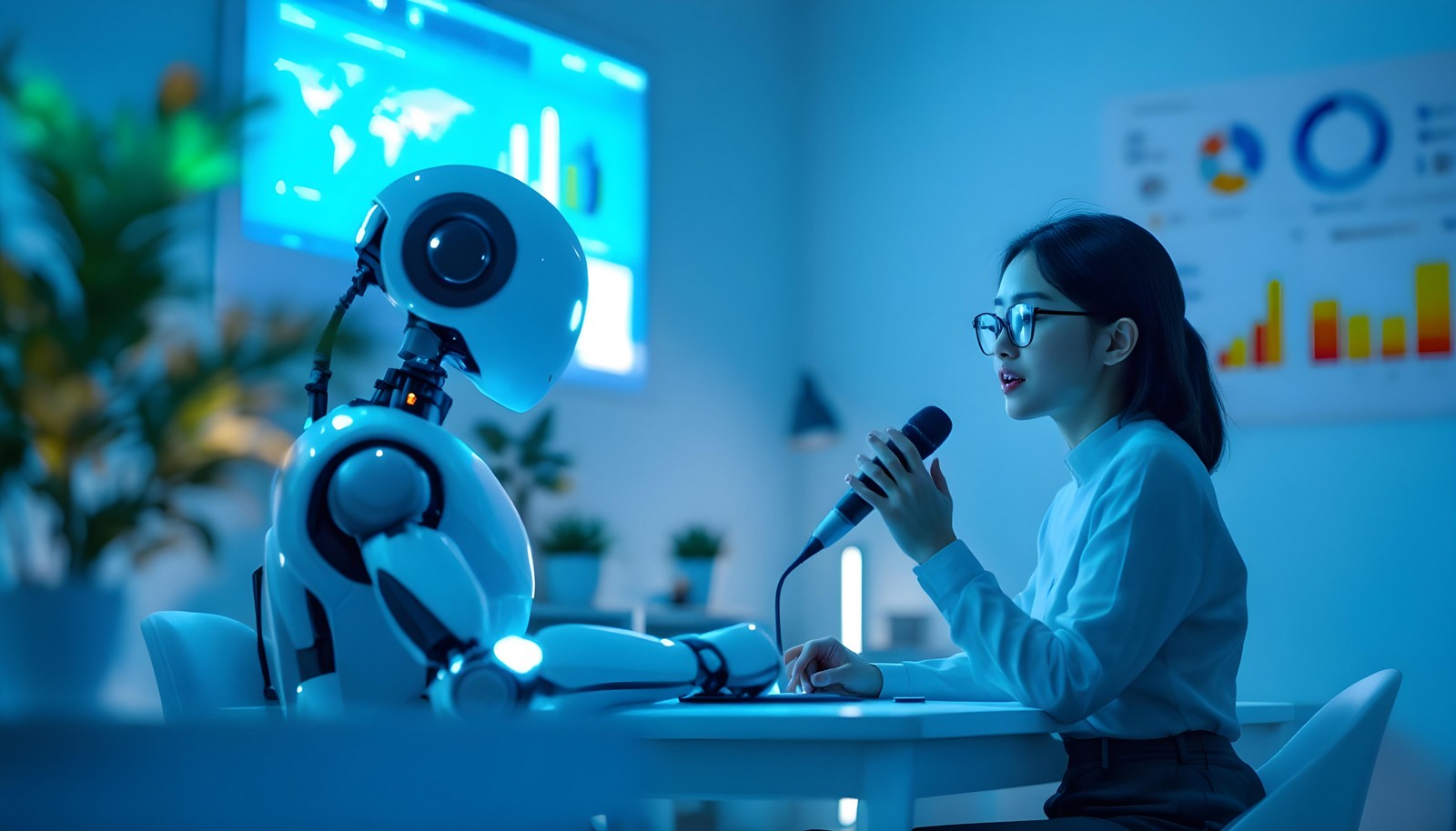 Young woman using a microphone to interact with a humanoid robot in a modern office setting, surrounded by digital screens displaying data and charts, illustrating AI speech recognition technology in action.