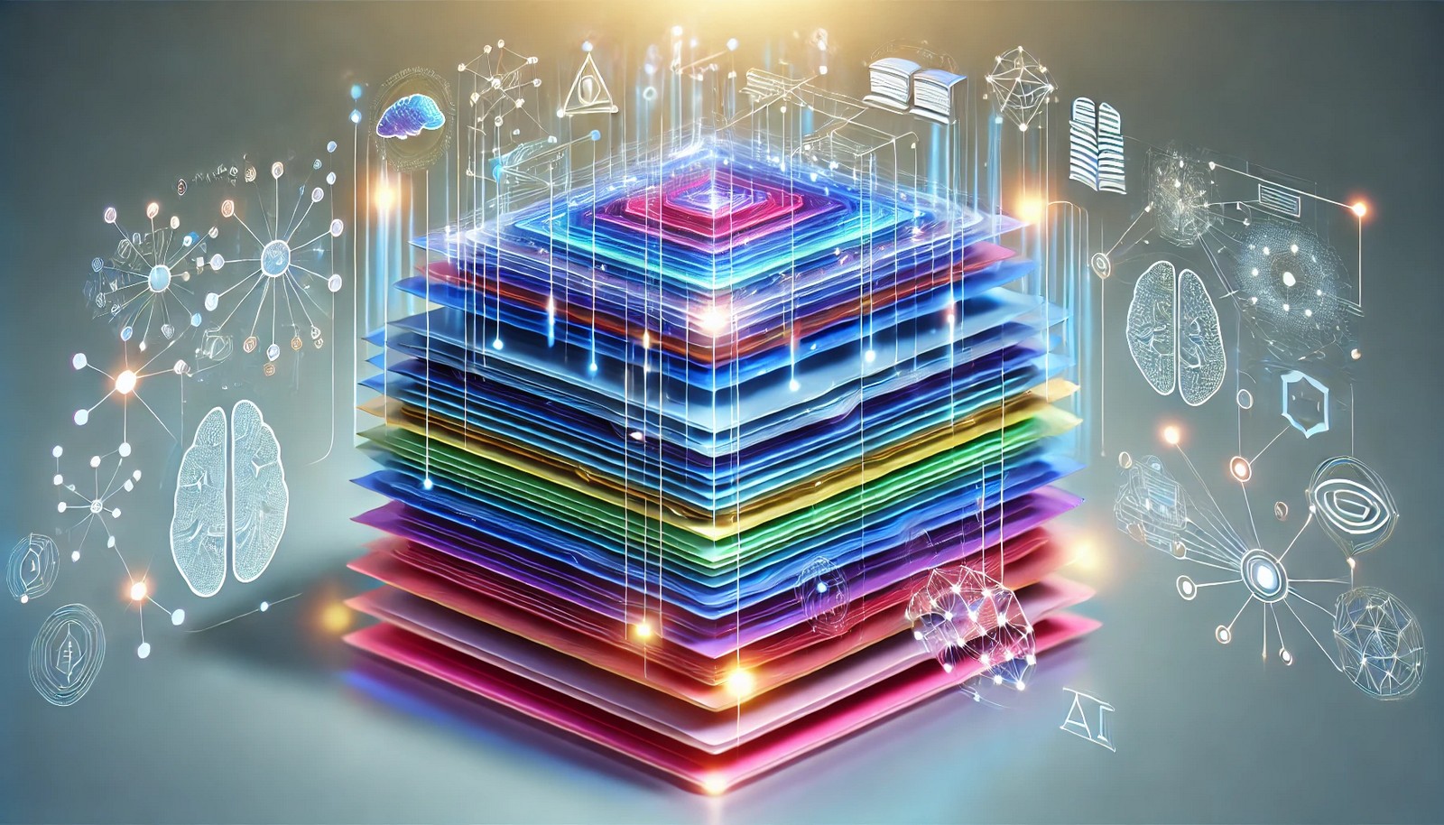 Abstract illustration representing multi-layered learning, featuring vibrant, stacked layers with interconnected nodes symbolizing progressive stages of knowledge. The layers transition from basic to complex shapes in a digital, futuristic style with light blue and purple hues. Subtle icons of books, neural networks, and brain symbols are embedded within the layers, symbolizing deepening learning in education and AI.