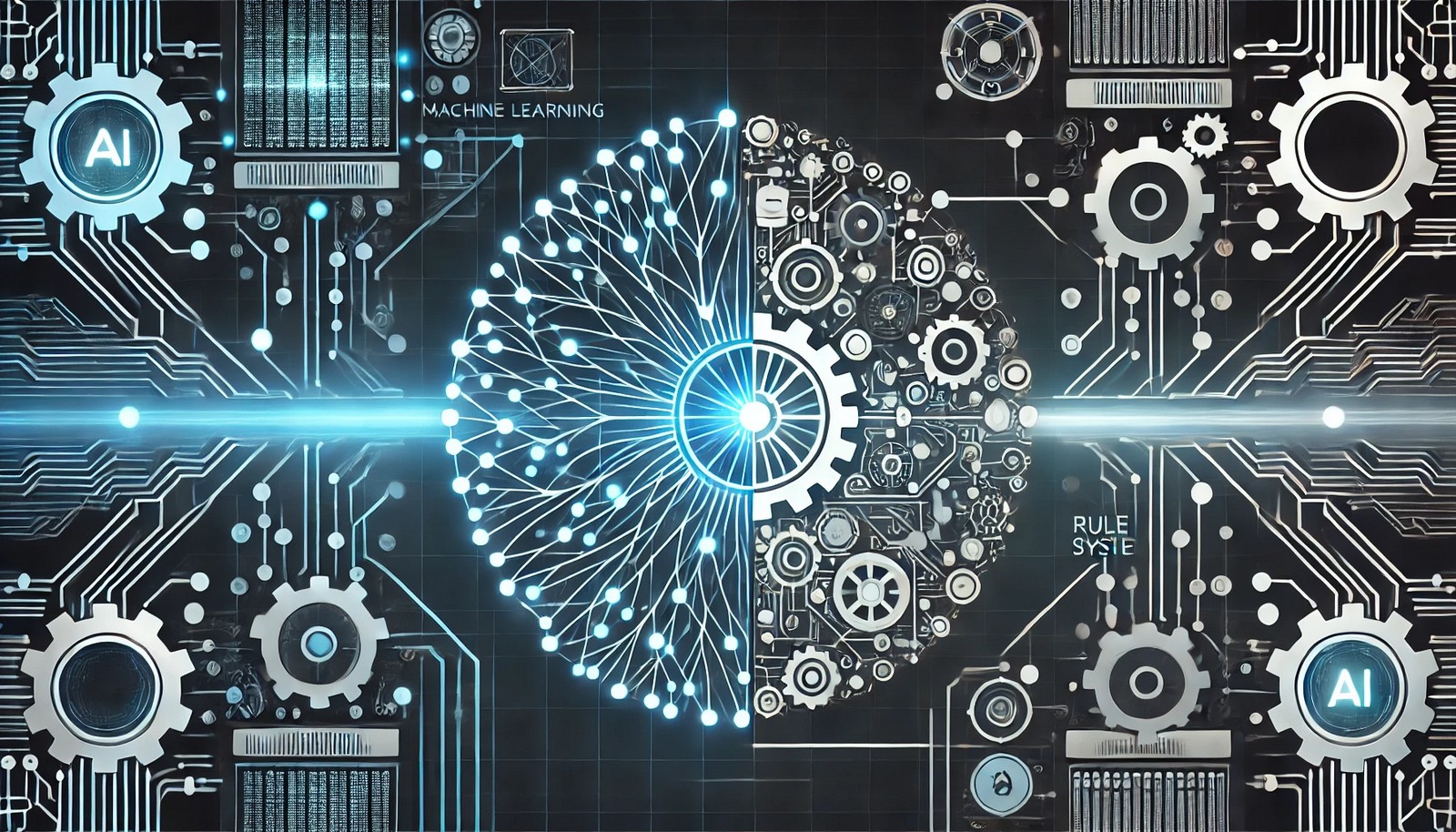 Concept illustration of Hybrid AI showing a fusion of a glowing neural network pattern representing machine learning on one side and interconnected gears and logic circuits representing rule-based systems on the other. Both elements converge at the center, symbolizing the integration of different AI methods, with a cool, blue-toned color scheme and subtle glowing effects to highlight technological synergy.