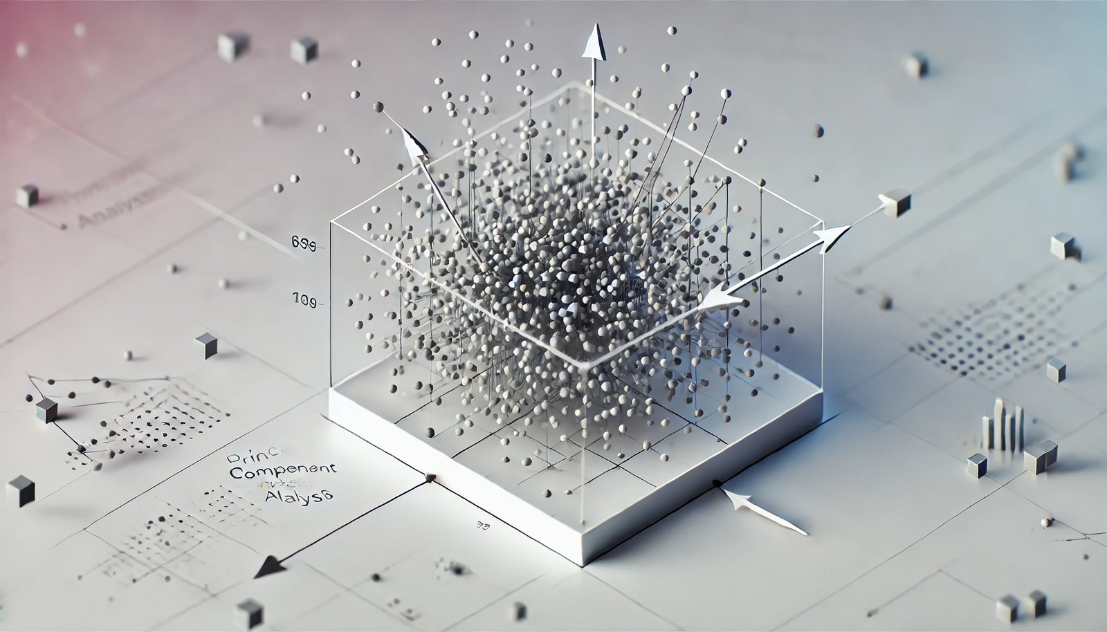 A 3D illustration of Principal Component Analysis, with data points in a multidimensional space connected by arrows to show dimensional reduction along principal axes.