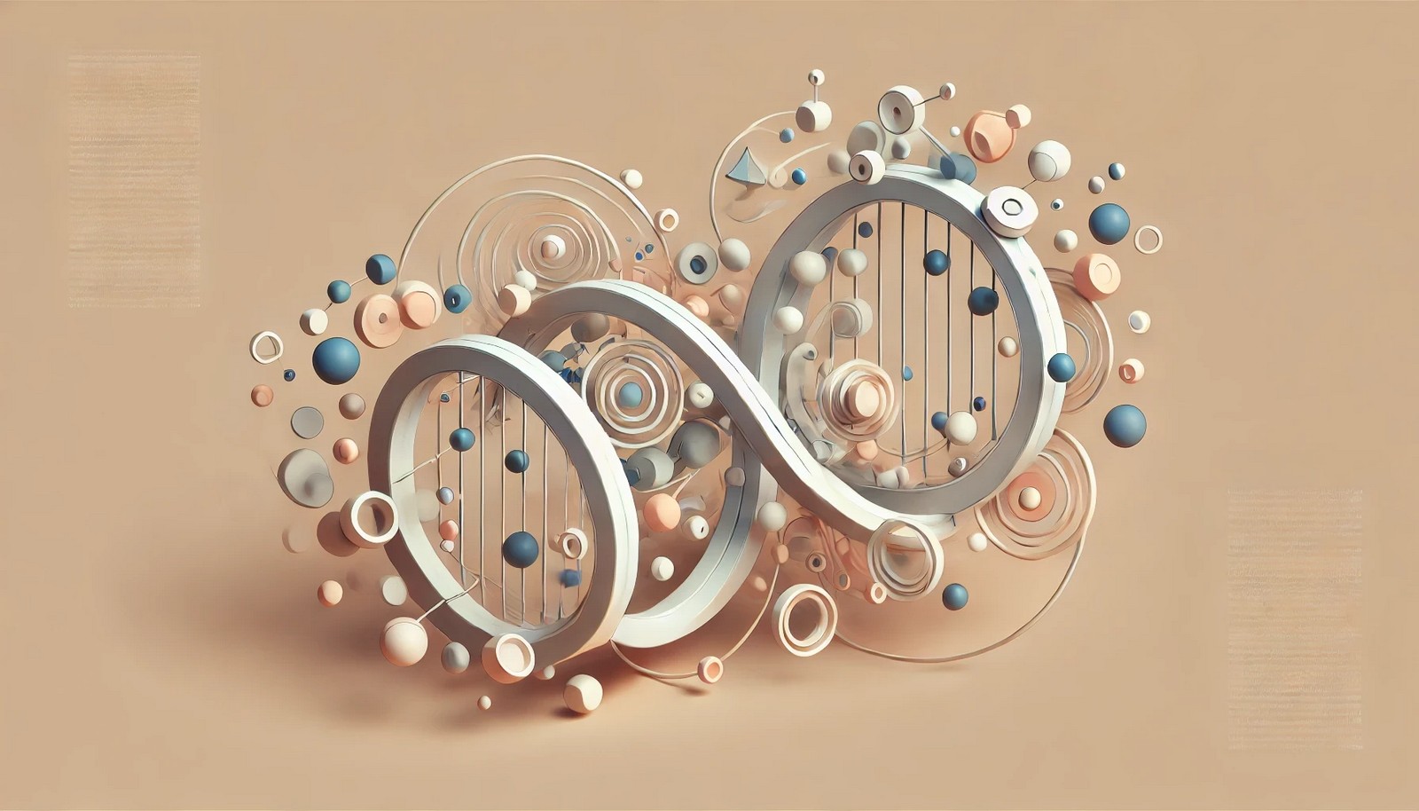 A 3D abstract illustration with flowing, minimal shapes that represent dynamic interactions between elements, creating a structured visual without any text or symbols.