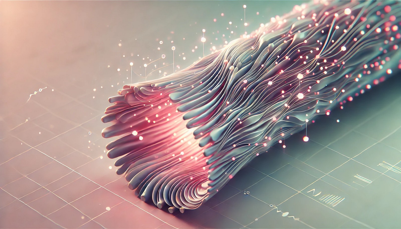 A 3D illustration of Variational Autoencoders, showing data transformation through a compressed neural network structure, with abstract data flowing into a latent space and then reconstructed, all on a minimal background.