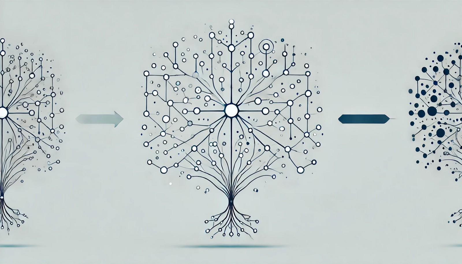 A simple illustration of neuroevolution networks showing nodes and connecting pathways evolving, symbolizing adaptation and learning in a neural network structure without excessive detail.
