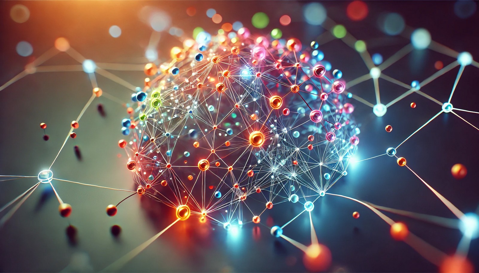 A vibrant 3D illustration of a knowledge graph with bright, interconnected nodes and lines, highlighting connectivity in a clean, minimalist digital design.