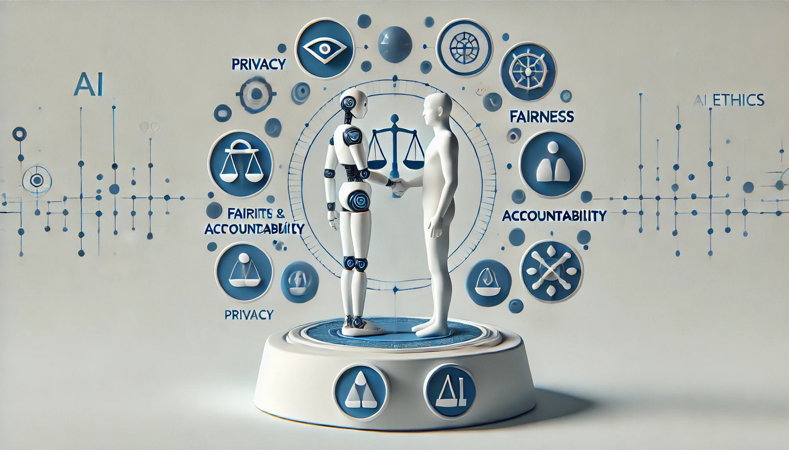 A clean 3D illustration representing AI Ethics, showing a robot and human interacting harmoniously, surrounded by icons symbolizing privacy, fairness, and accountability, capturing the balance between technology and human values.