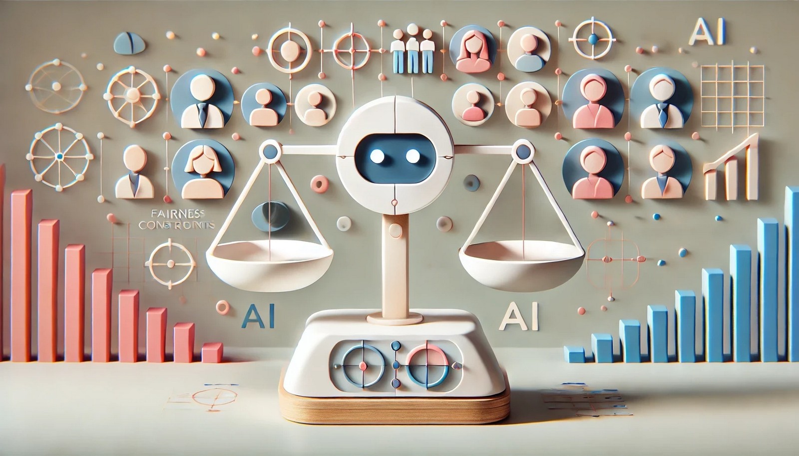 A minimalistic 3D illustration with a balanced scale representing fairness constraints in AI. The design is modern and clean, with a focus on harmony and ethical balance against a simple background.