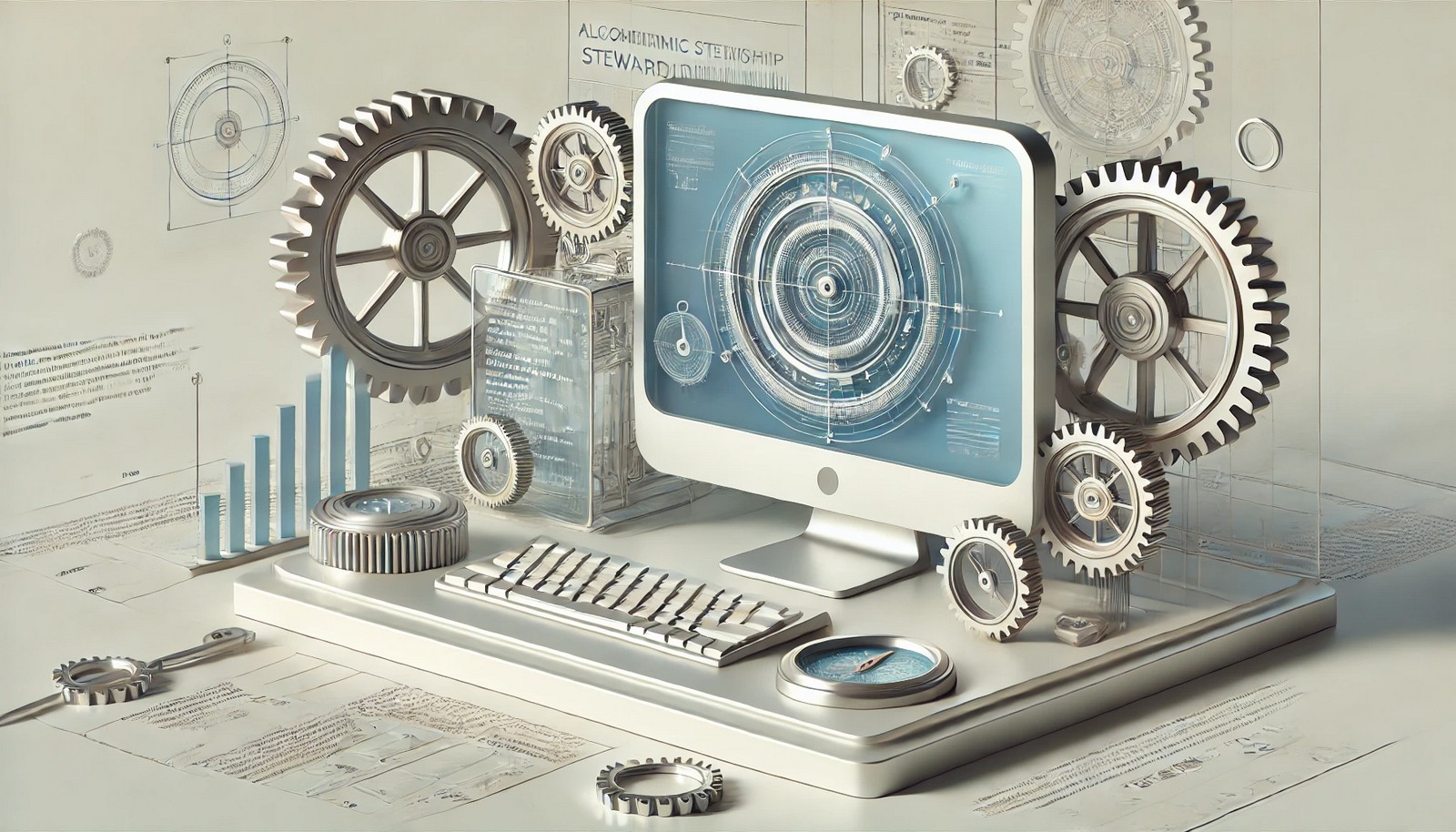 A 3D illustration of algorithmic stewardship, featuring a modern computer within a futuristic workspace, surrounded by interlocking gears, transparent code, and a digital compass in metallic and blue tones.