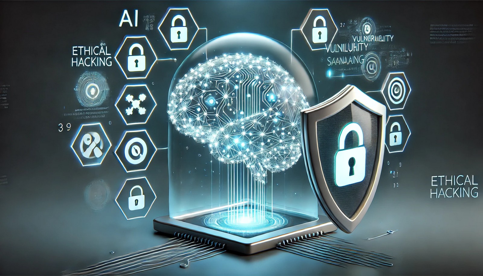 A 3D illustration of an AI system as a glowing digital brain shielded by a transparent barrier, surrounded by security icons suggesting ethical hacking to protect against vulnerabilities.
