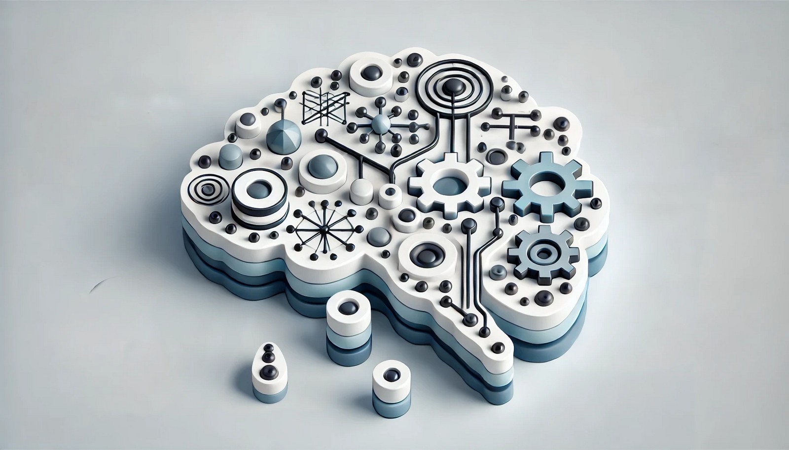 A clean 3D illustration showing Neuro-symbolic AI, blending neural network nodes and abstract symbols for logical reasoning, conveying adaptability and interpretability in a unified, minimalistic design.