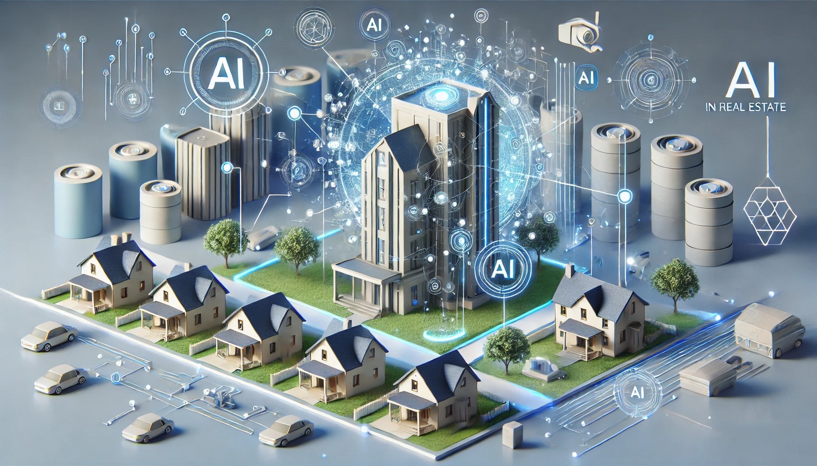 A 3D illustration of AI in real estate, featuring futuristic buildings and homes integrated with smart technology, symbolizing automation and intelligent property management with digital elements and glowing connections.