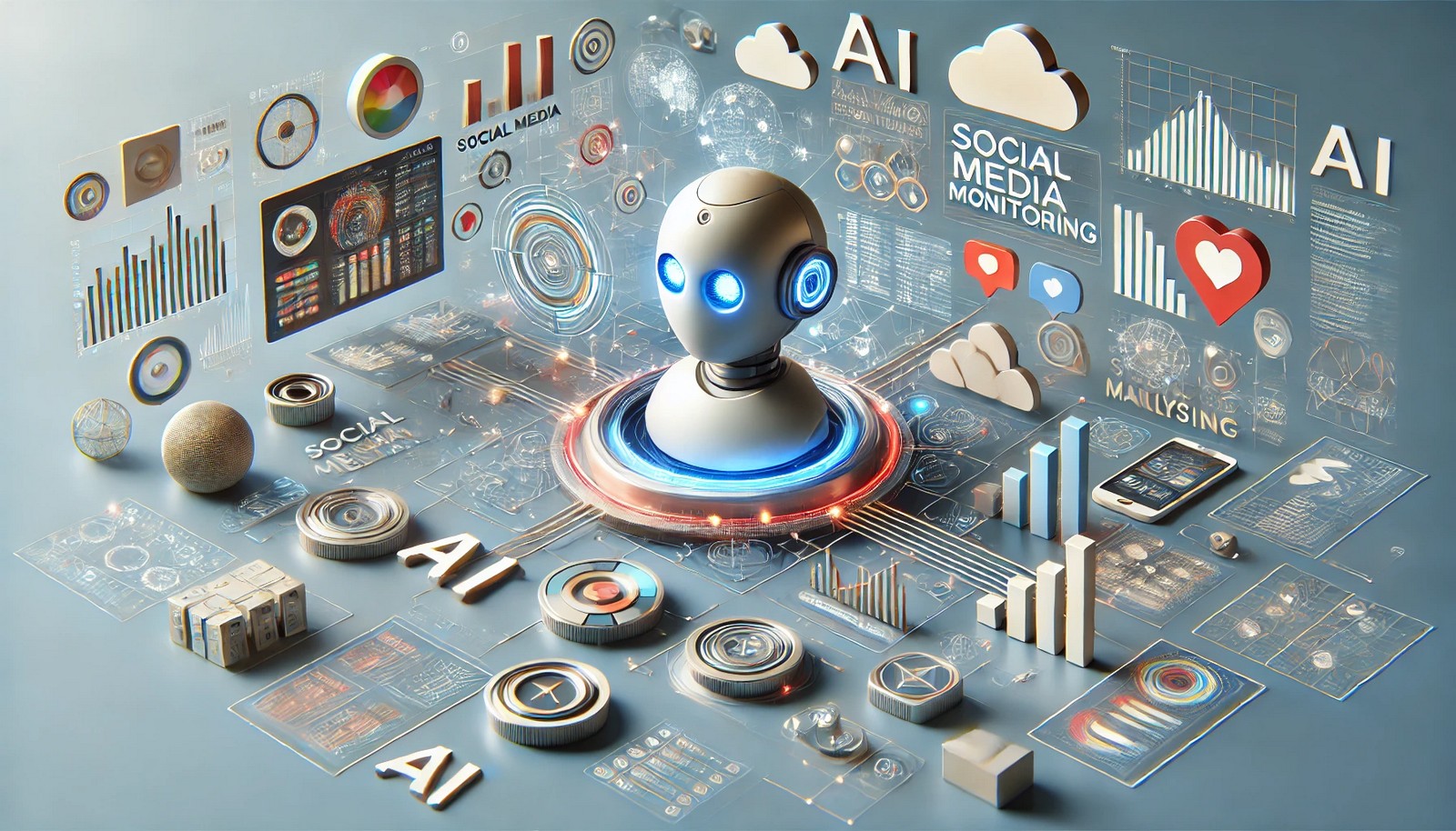 A 3D illustration showing AI Social Media Monitoring with floating graphs, notifications, and data streams around a central AI system, symbolizing real-time social media data analysis in a clean, futuristic style.