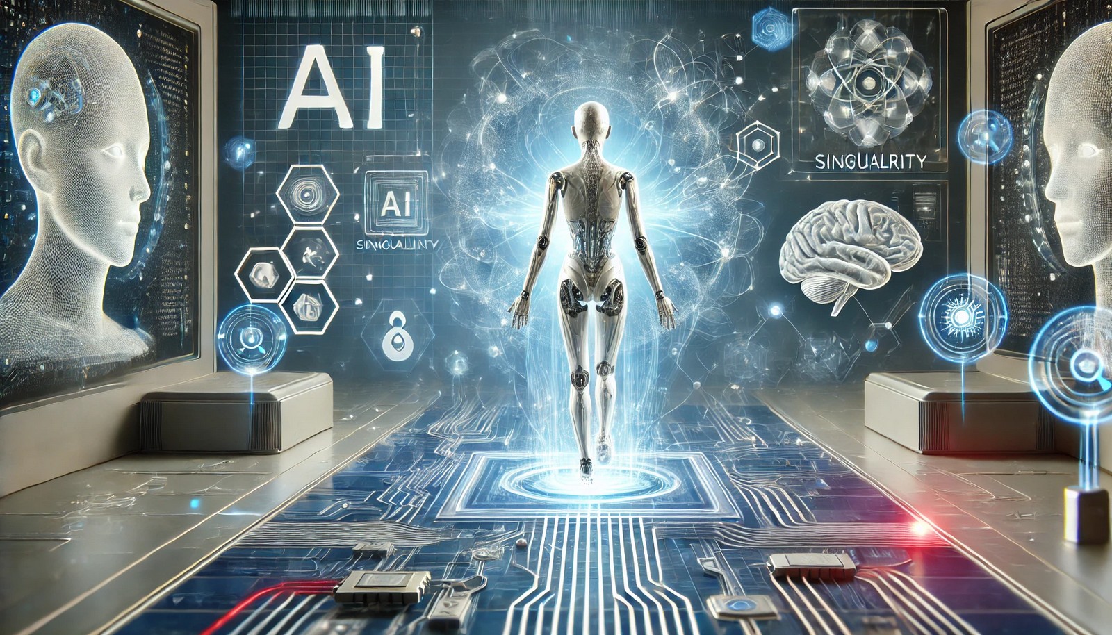 A 3D illustration of the AI Singularity concept showing human intelligence merging with futuristic AI technology, represented by neural connections, glowing circuits, and holographic elements in a high-tech setting.