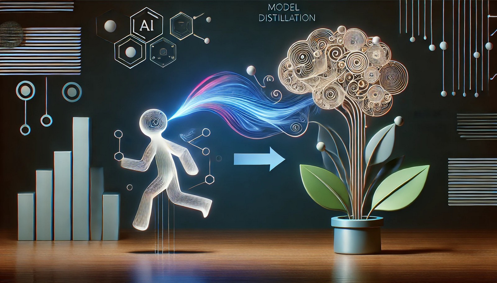 A 3D illustration of a large AI model transferring energy to a smaller model, symbolizing knowledge transfer in model distillation, with a dark futuristic background.