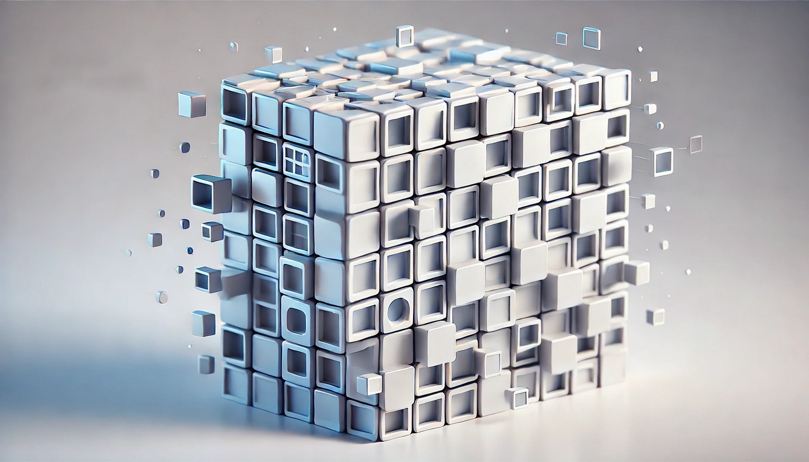 A 3D grid of images with small, random rectangular cutouts on each, illustrating data obscuration and augmentation in AI. Modern, abstract design with soft lighting highlights the technique.