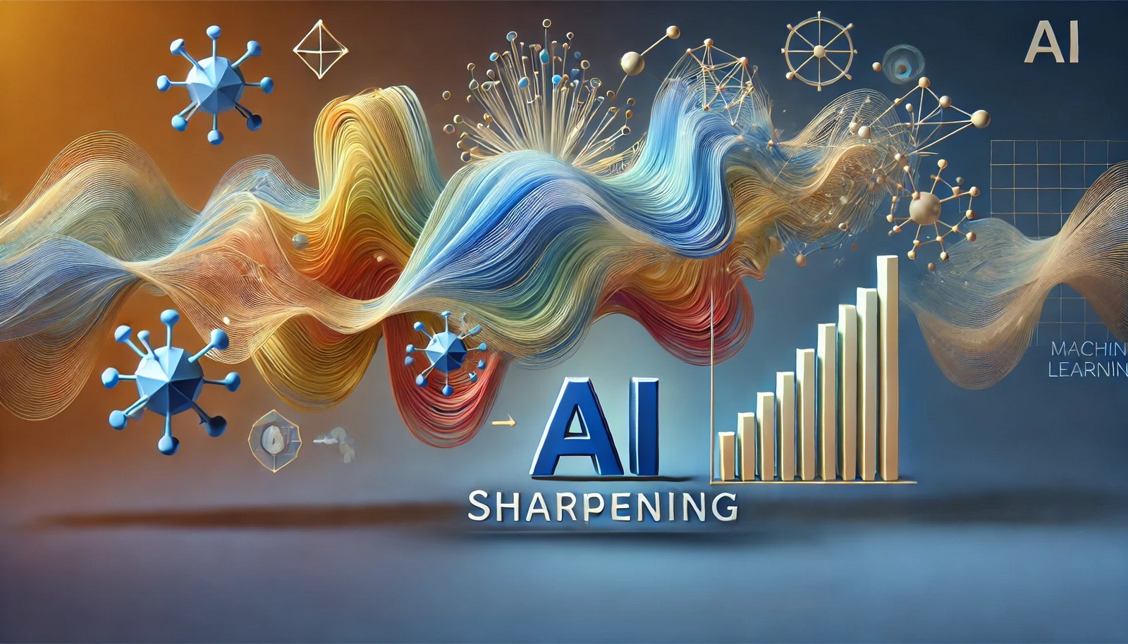 A 3D illustration of a machine learning model refining and clarifying data, symbolizing "Sharpening" in AI, with blurred data transforming into sharp, precise outputs.