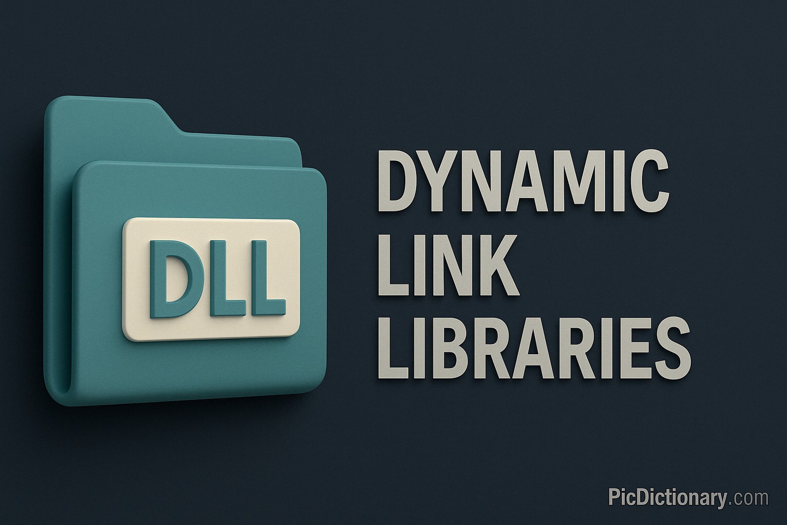 A 3D-rendered digital illustration features a folder icon with a "DLL" label, representing Dynamic Link Libraries, on a dark navy background. To the right, bold gray text reads "DYNAMIC LINK LIBRARIES" in a clean, modern layout.