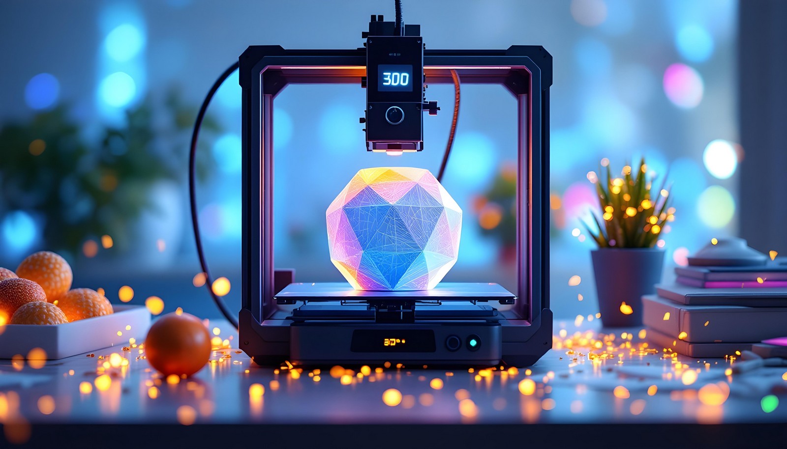 A modern 3D printer creating a colorful geometric object, surrounded by a vibrant workspace with warm and cool lighting.