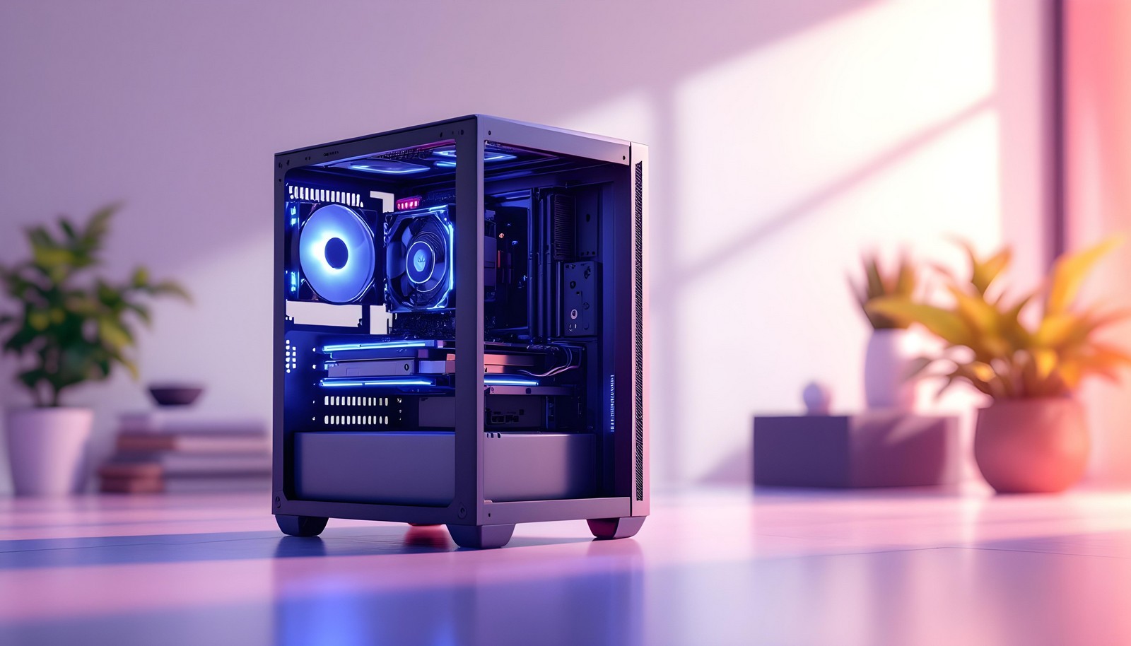 A sleek, modern Barebone PC with visible internal components, including a motherboard, cooling fan with LED lighting, and spacious design. The PC is placed in a minimalist, brightly lit environment with plants in the background, emphasizing its compact and aesthetic appeal.