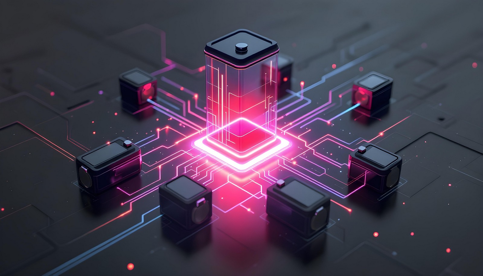A futuristic representation of a Battery Management System with interconnected modules and a glowing core symbolizing energy management and optimization.