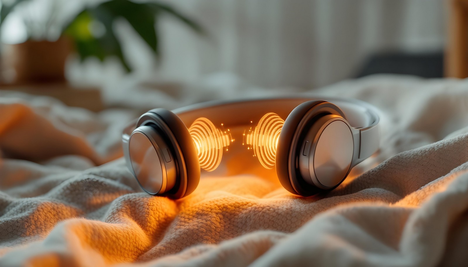 A pair of modern bone conduction headphones placed on a soft blanket, illuminated with glowing soundwave visuals to represent the transmission of sound through bone conduction technology.