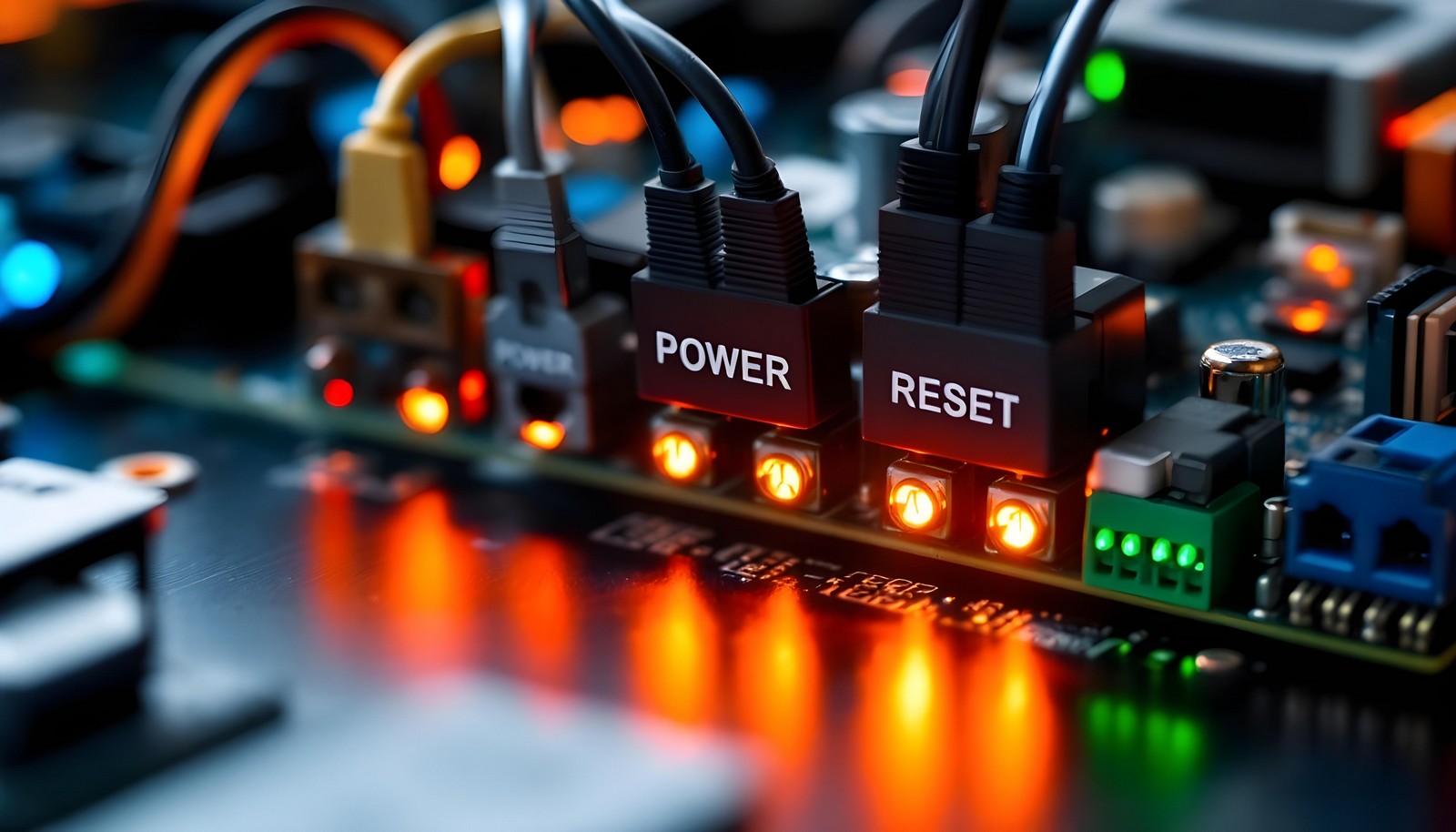 Close-up image of computer motherboard front panel connectors with labeled "Power" and "Reset" cables, illuminated by vibrant orange and green indicator lights, illustrating precise wiring in PC assembly.