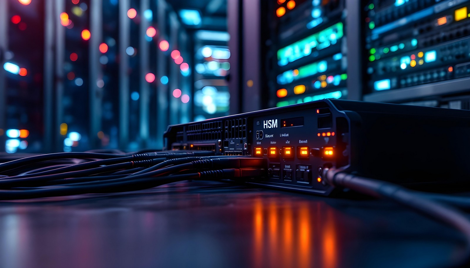 Close-up view of a Hardware Security Module (HSM) device in a modern server room, with glowing lights and connected cables, emphasizing secure key management and cryptographic protection.