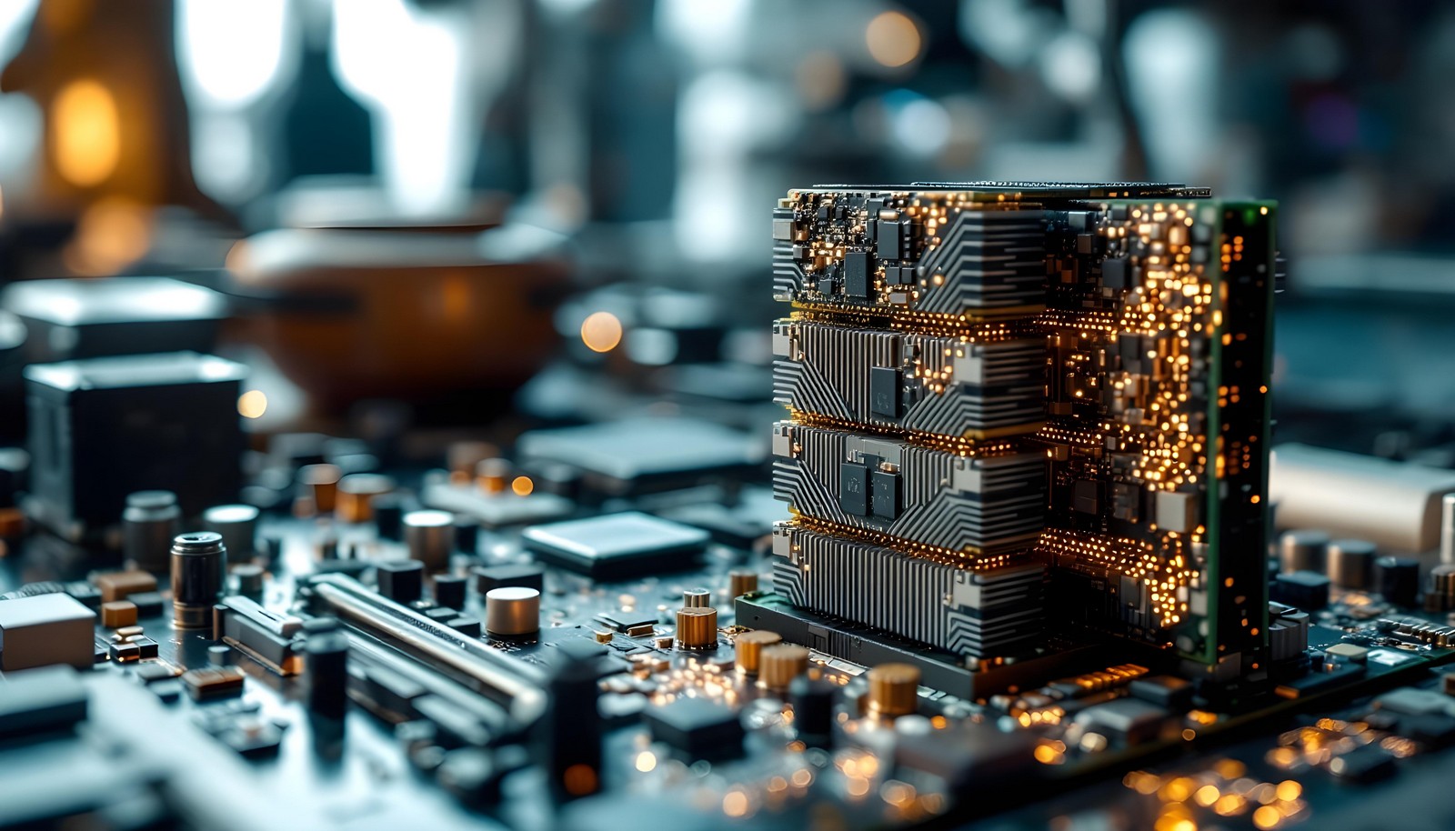 A close-up view of a high-bandwidth memory (HBM) module on a circuit board, showcasing its advanced 3D stacking architecture and intricate electronic components, representing cutting-edge computing technology.