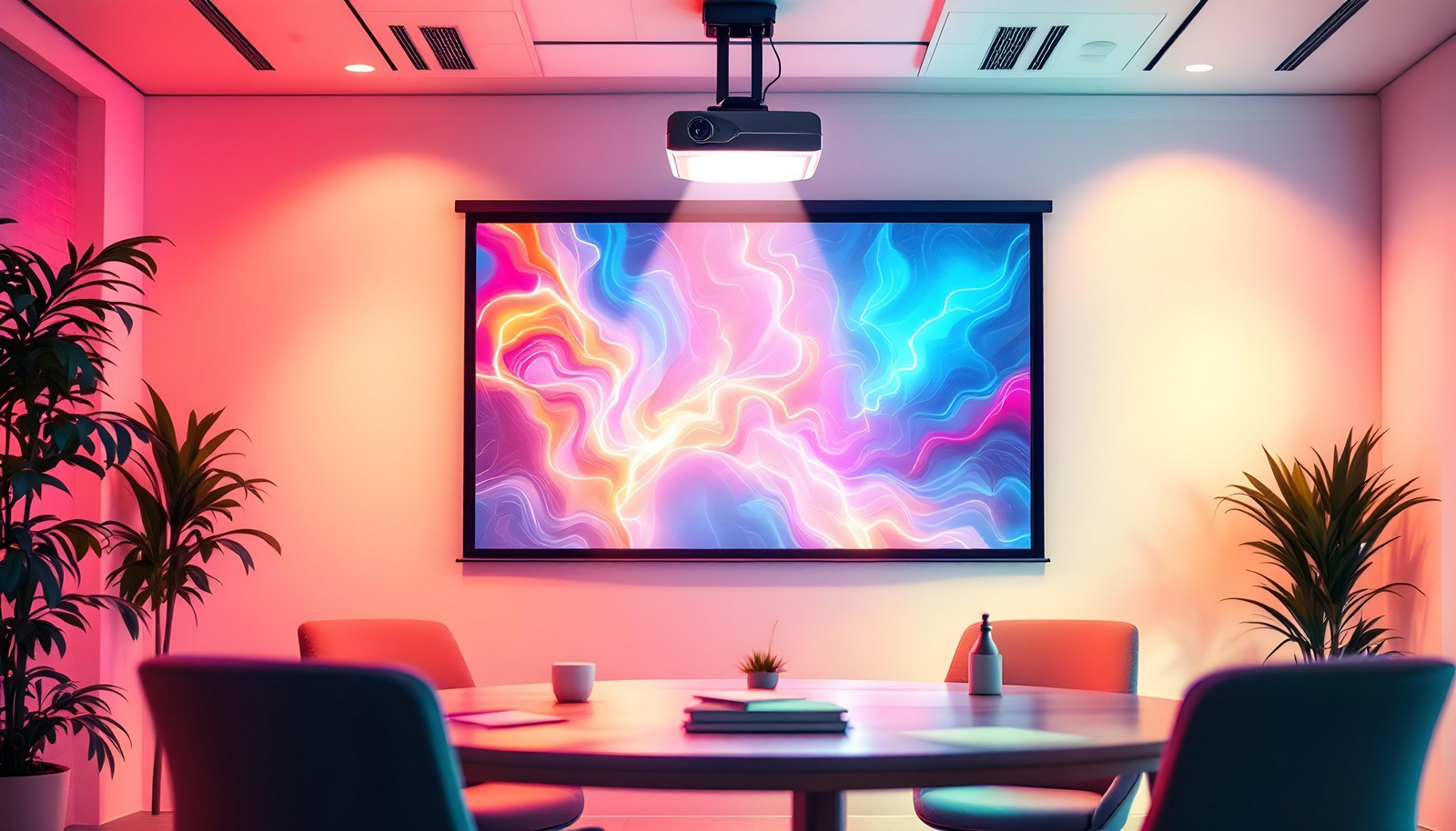 A modern meeting room with a laser projector displaying vibrant, colorful visuals on a screen. The setup includes a ceiling-mounted projector, a round table, and indoor plants, showcasing a professional and stylish environment.