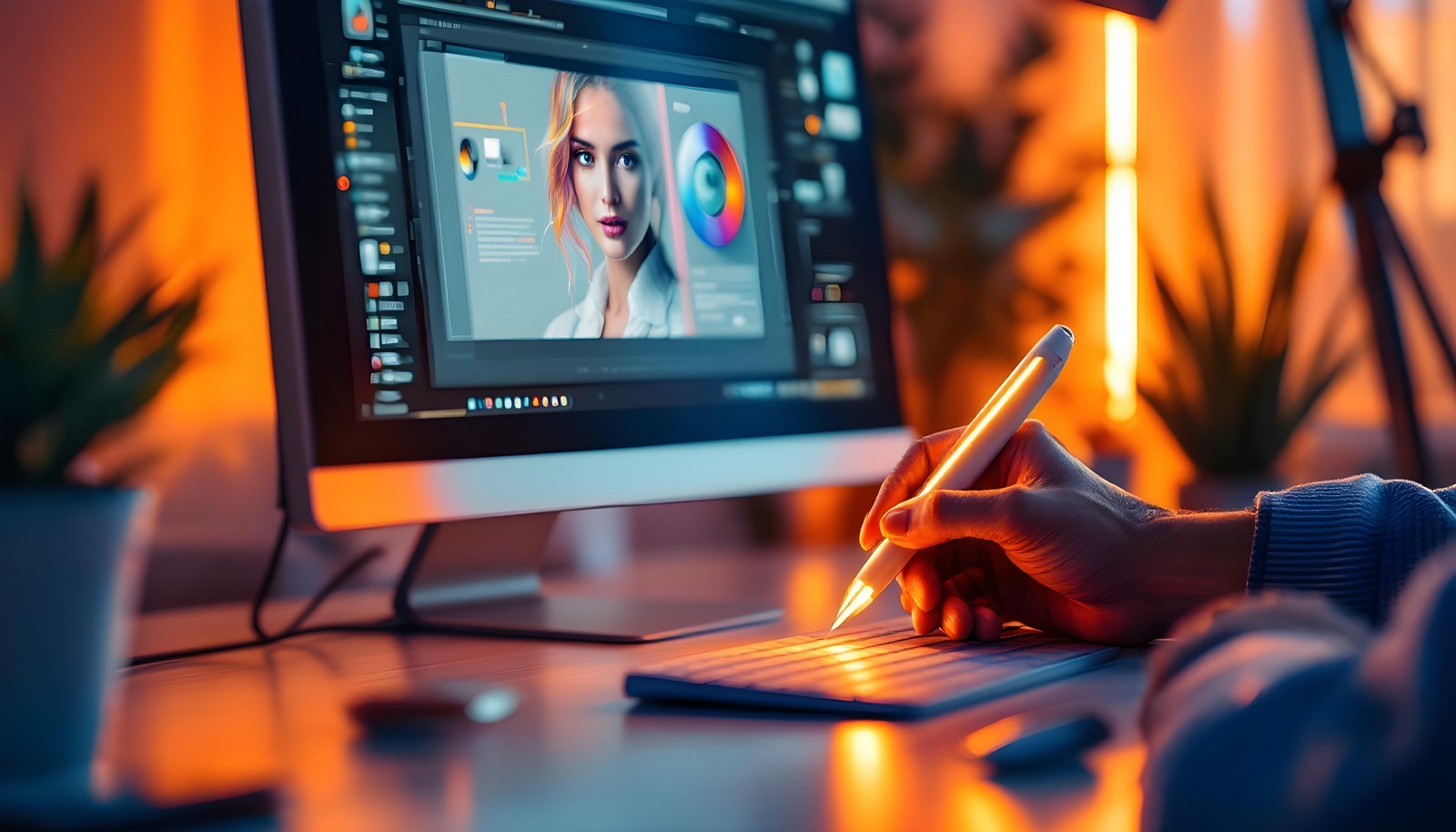 An illuminated workspace featuring a graphic designer using a light pen on a modern screen, surrounded by vibrant lighting and creative tools.